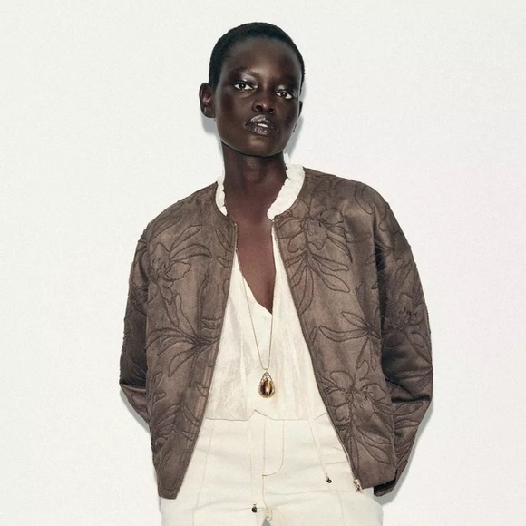 ZARA EMBROIDERED FAUX SUEDE BOMBER JACKET